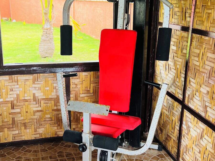 A gym with a red exercise machine, a window with a view of greenery, and a patterned wall.