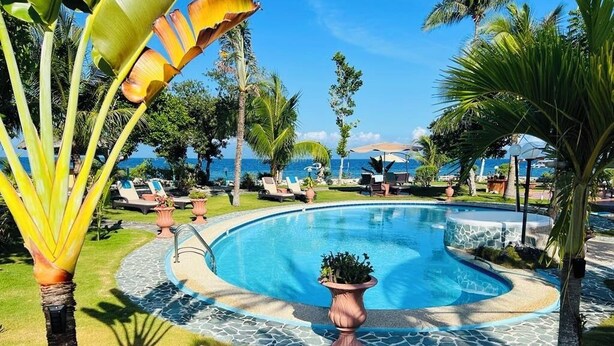 A pool area with lounge chairs, palm trees, and a view of the ocean. - Cabilao Sunset Dive & Beach Resort (Loon)