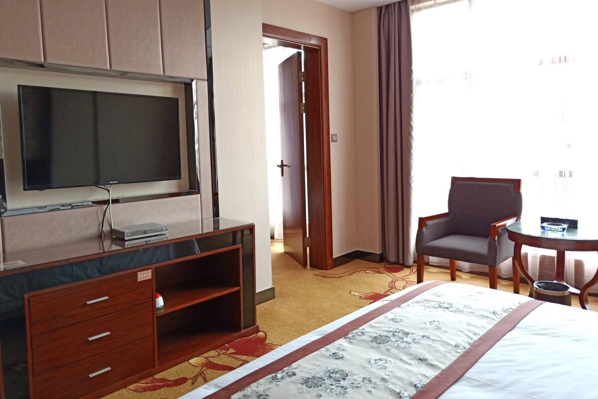 Habitación de hotel con cama, televisión, escritorio y silla.