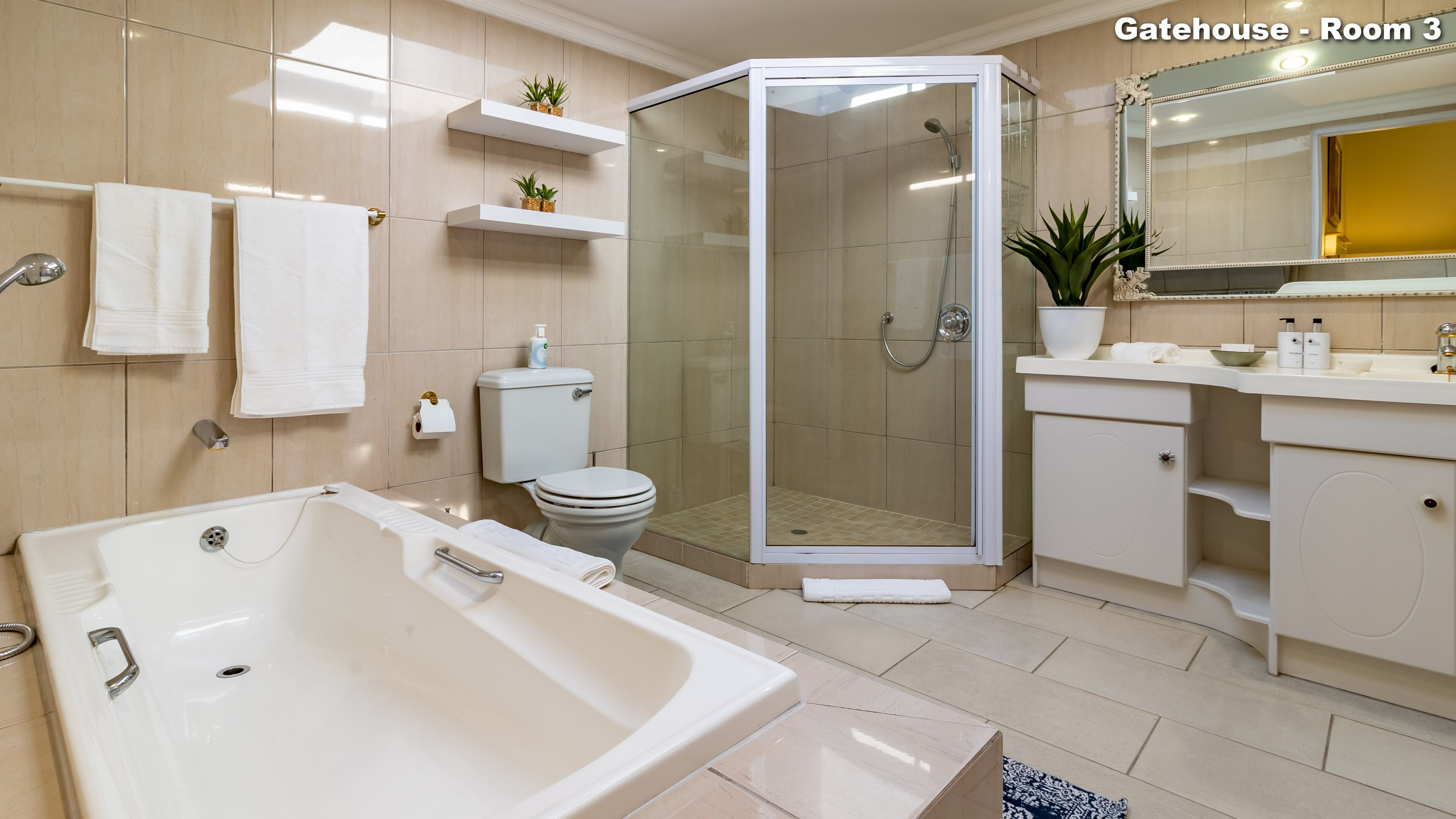 A modern bathroom with a bathtub, toilet, shower, and vanity.