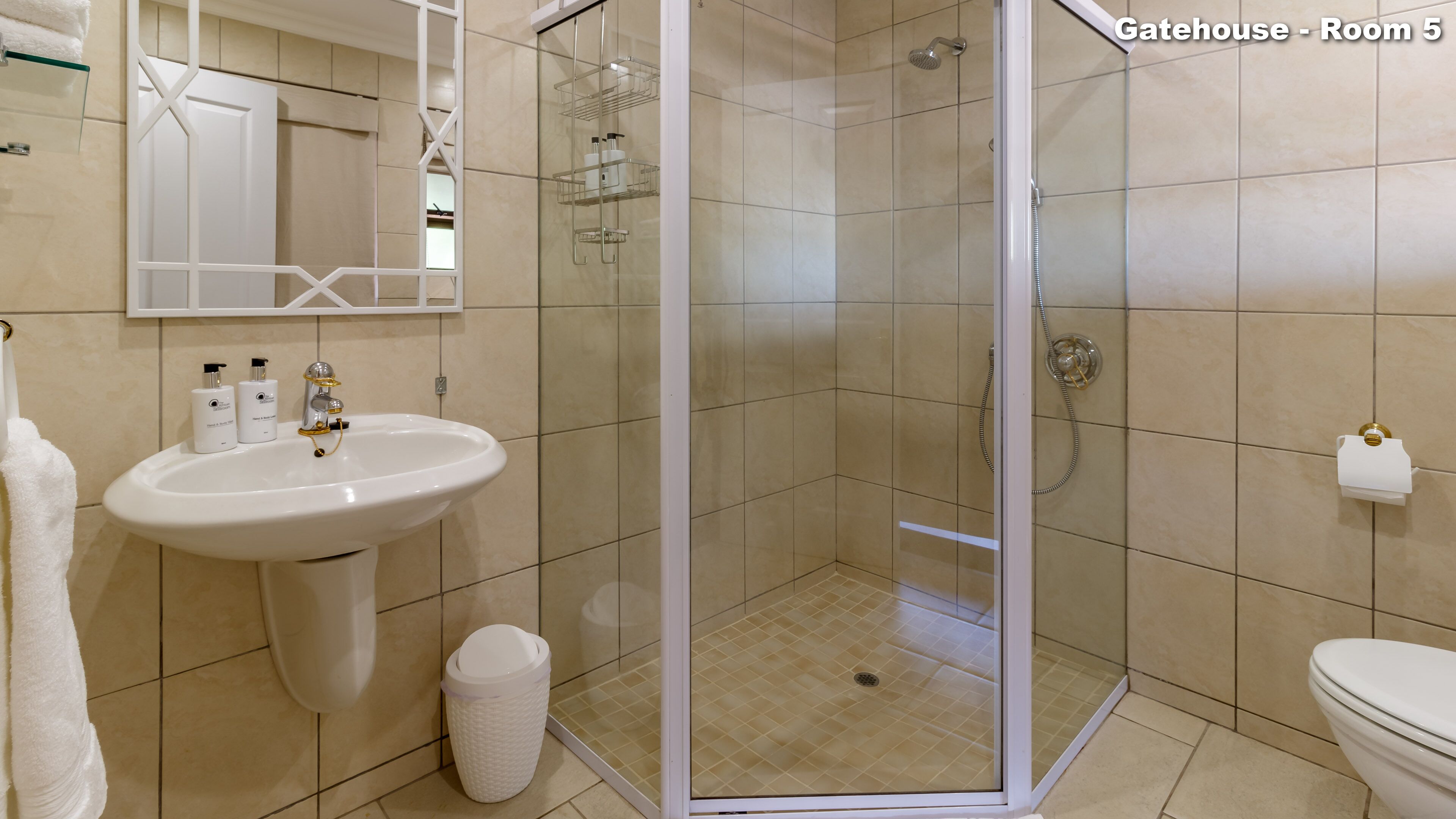 A bathroom with a sink, toilet, and glass-enclosed shower.