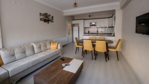 Ein modernes Wohnzimmer mit Sofa, Couchtisch und Essbereich mit Stühlen.