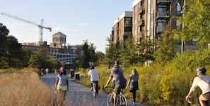 Uma ciclovia com ciclistas e pedestres, cercada por vegetação e edifícios modernos.