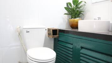 Shower, bidet, towels, shampoo