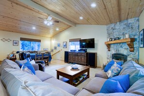 TV, fireplace, DVD player, foosball