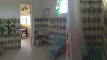 Shower, towels, soap, toilet paper