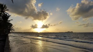 Una playa con el sol poniéndose en el horizonte, palmeras y una isla distante.