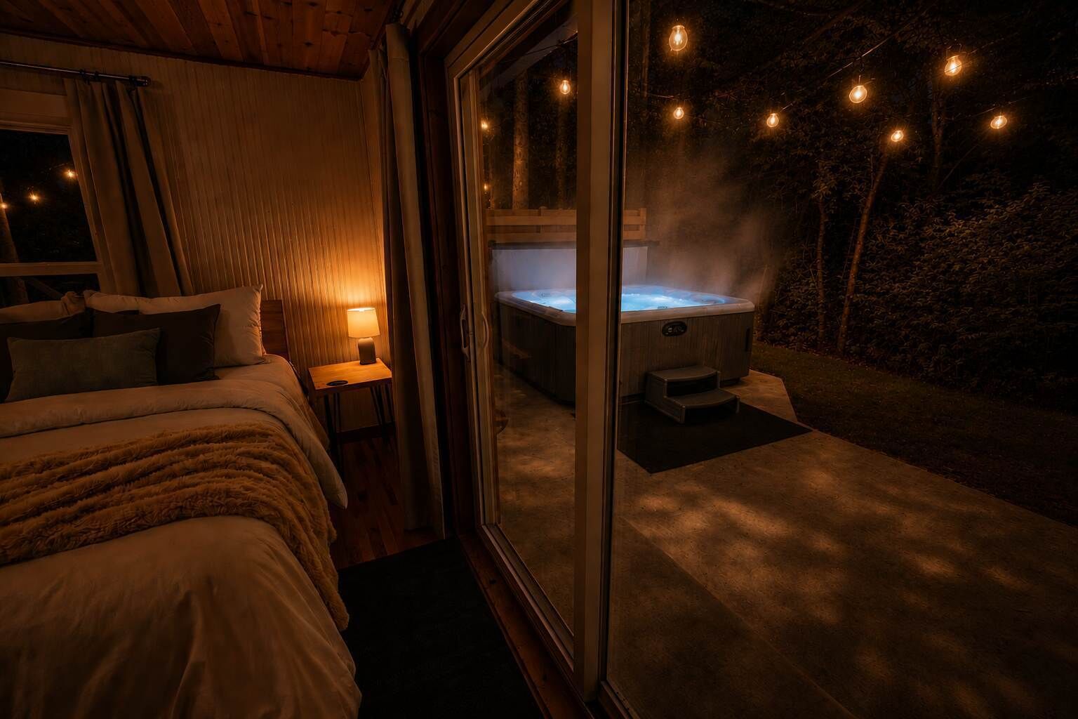 A bedroom with a bed, a nightstand, and a window. There is a hot tub outside the room.