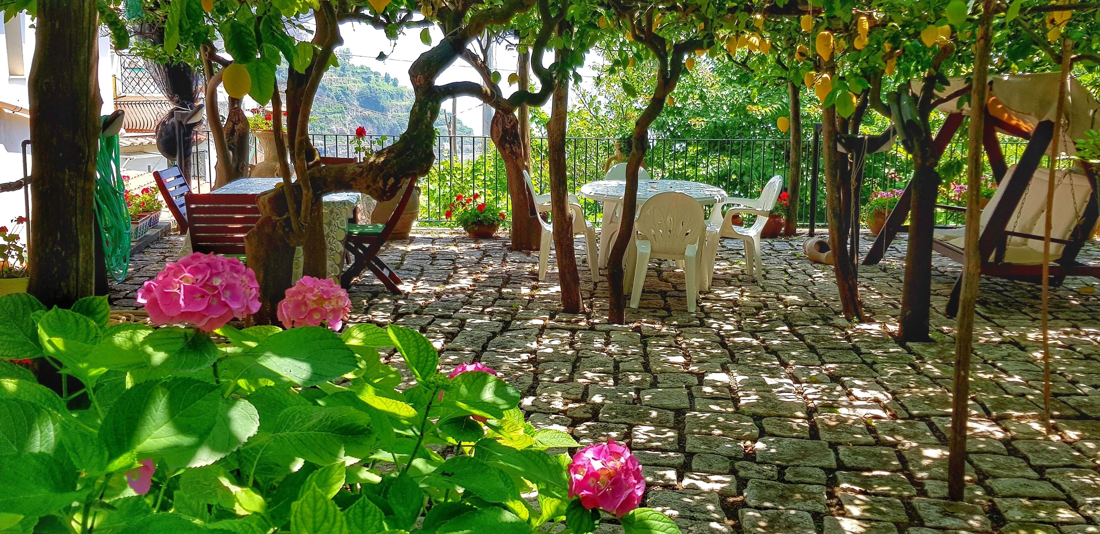 Un patio ajardinado con suelo de piedra, mobiliario exterior y plantas en macetas.