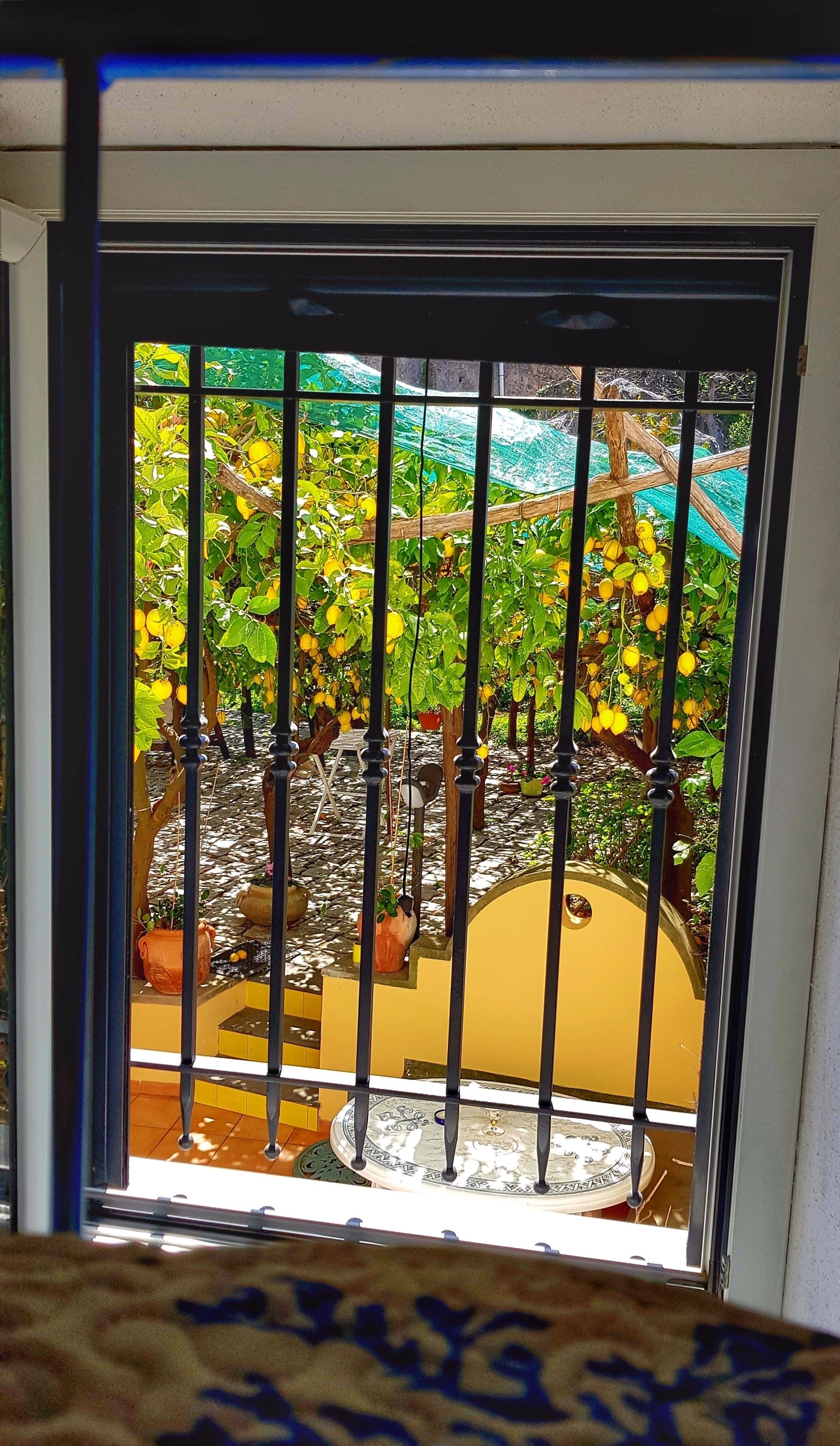 Finestra amb vista a un jardí ple de flors grogues i una taula de fusta.