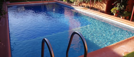 Una piscina rectangular con agua azul cristalina, rodeada por una valla roja y plantas en macetas.