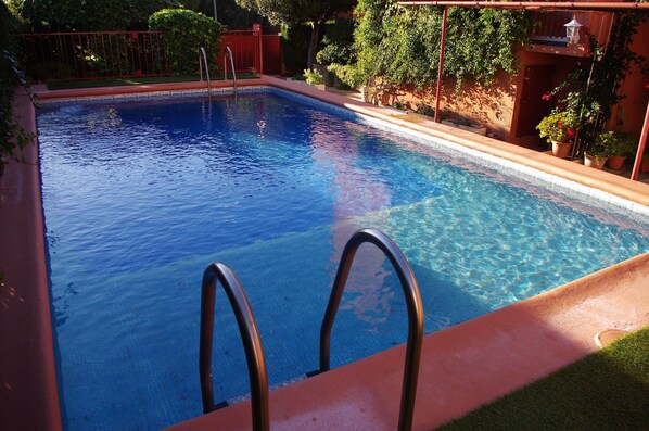 A rectangular swimming pool with clear blue water, surrounded by a red fence and potted plants.