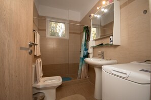 Hair dryer, shampoo, toilet paper