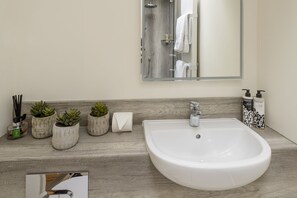 Douche, sèche-cheveux, serviettes fournies, savon