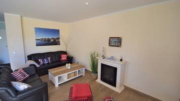 Smart TV, fireplace, DVD player, stereo