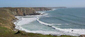 Wooden chalet, sea view, lovely garden, 5-minute walk to the beach. Dogs welcome.