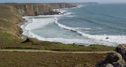 Wooden chalet, sea view, lovely garden, 5-minute walk to the beach. Dogs welcome.