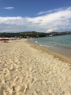 A sandy beach with umbrellas and a few people.