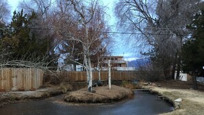 A backyard with a pond, a wooden fence, and a house in the background. - Beautiful  Spacious Suite w/private entrance (Bishop)