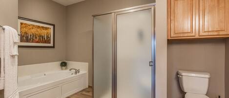 A bathroom with a glass-enclosed shower, a white bathtub, and a toilet.