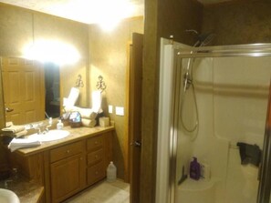 Combined shower/bathtub, hair dryer, towels