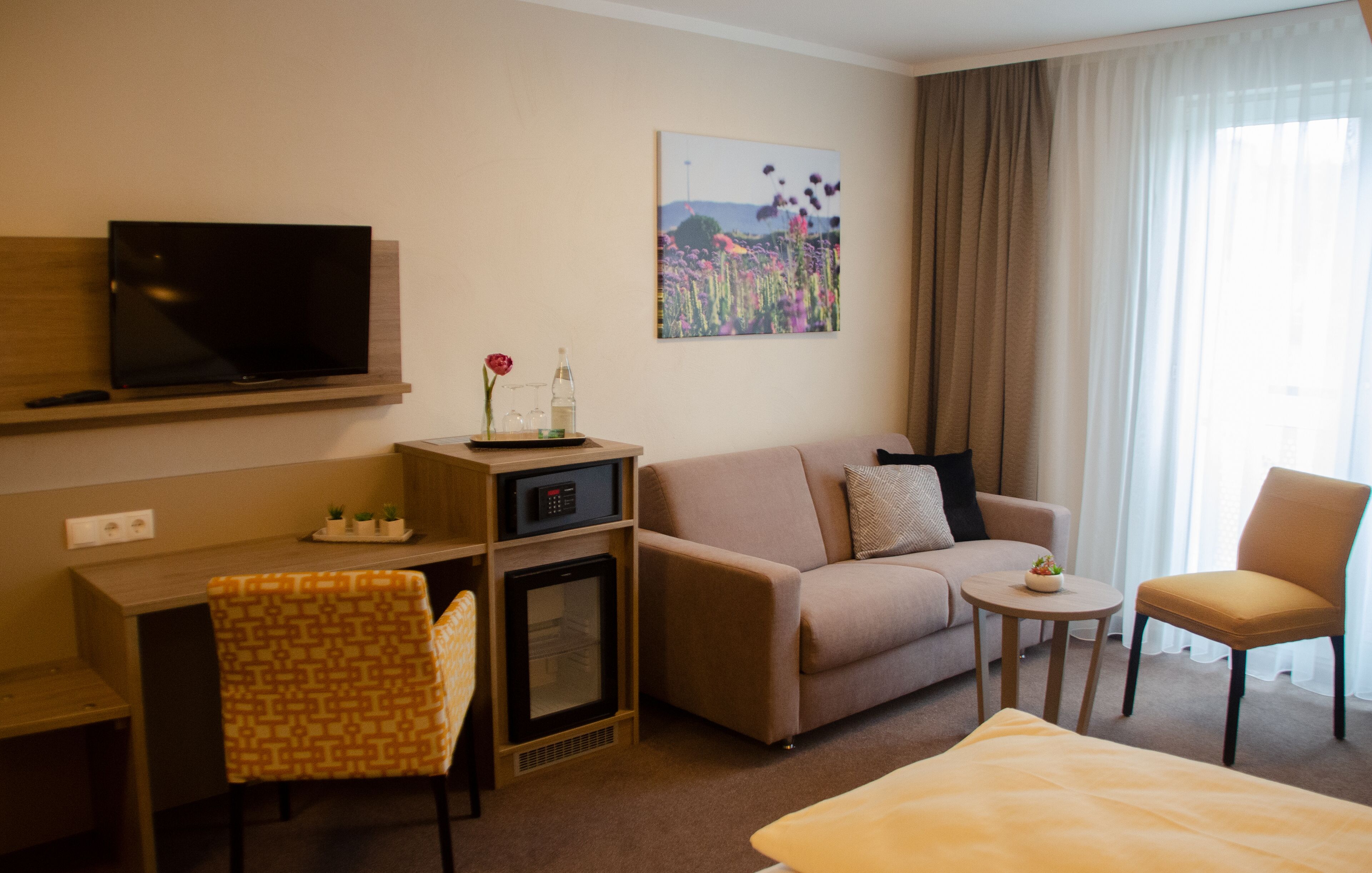 Habitación de hotel con televisión de pantalla plana, sofá, sillón, mesita y un cuadro decorativo.