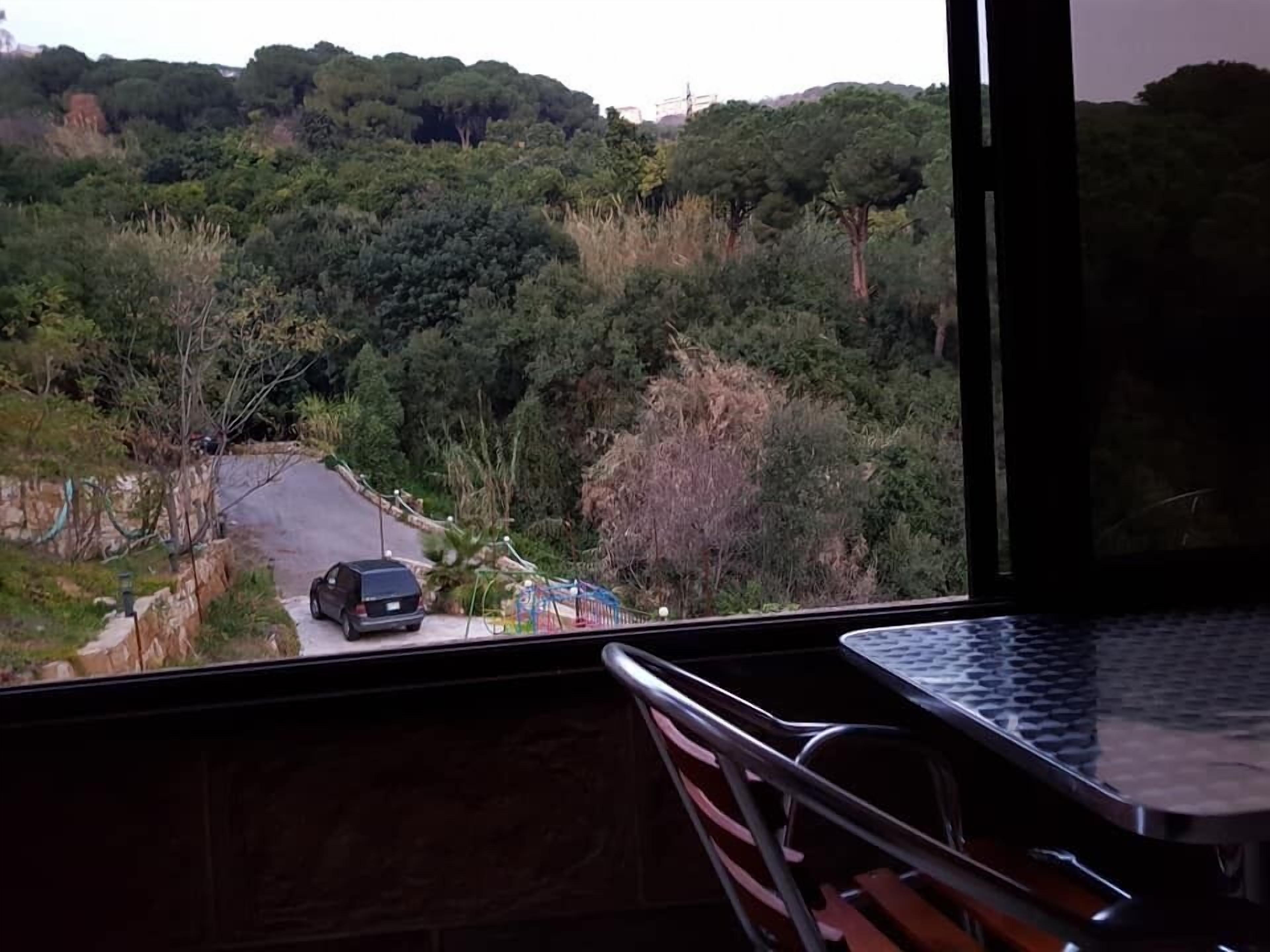 A balcony with a view of a road and trees.