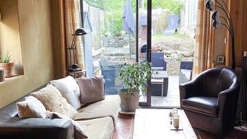 Télévision, cheminée, lecteur de DVD, livres