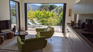 Un salon moderne avec un téléviseur, deux fauteuils verts, une table basse et un balcon agrémenté de chaises blanches et de plantes.