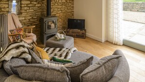 Un salon chaleureux avec un mur en pierre, une cheminée, un téléviseur et une vue sur l’extérieur.