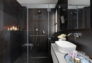 Douche, articles de toilette griffés, séchoir à cheveux, peignoirs