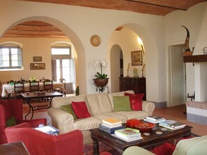 Televisie, een open haard, een dvd-speler en boeken