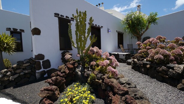 Un bâtiment blanc aux murs de pierre, avec un cactus au premier plan.