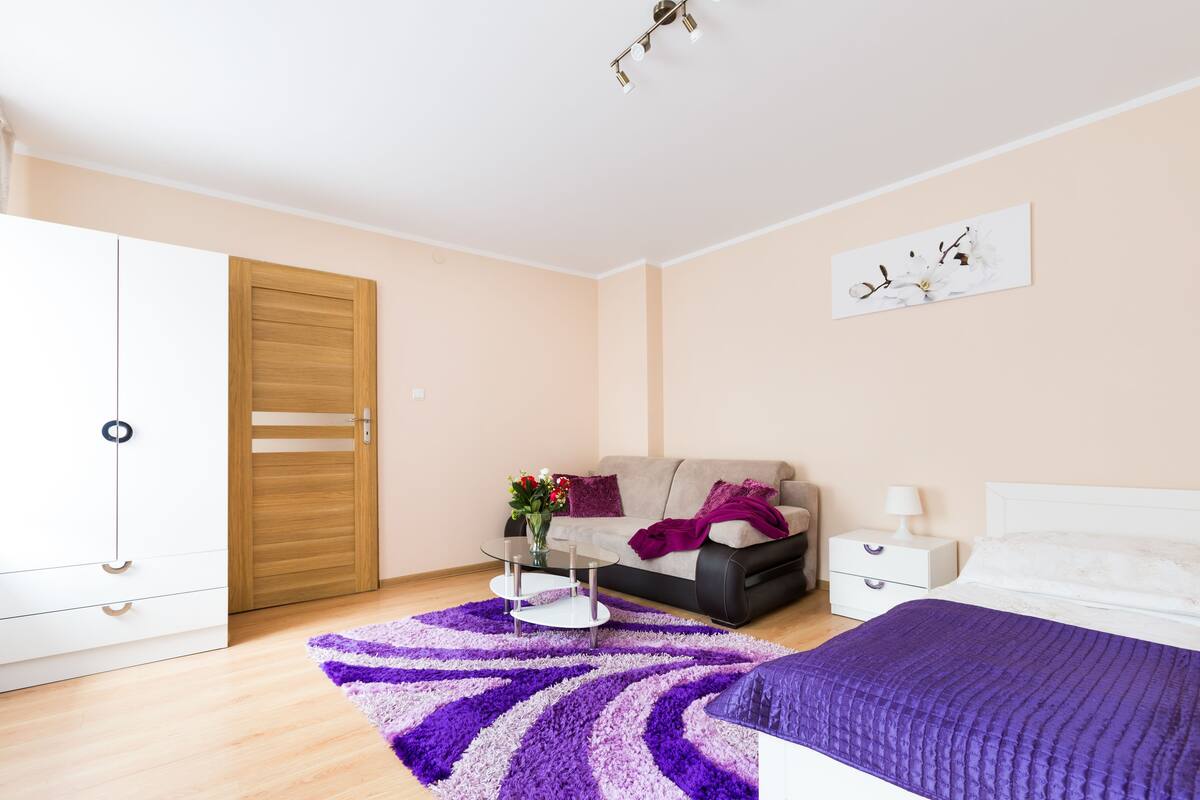 A bedroom with a bed, a sofa, a nightstand, a dresser, and a wooden door.