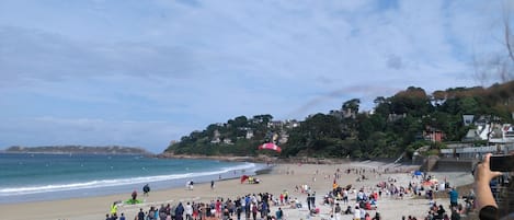 On the beach, sun loungers