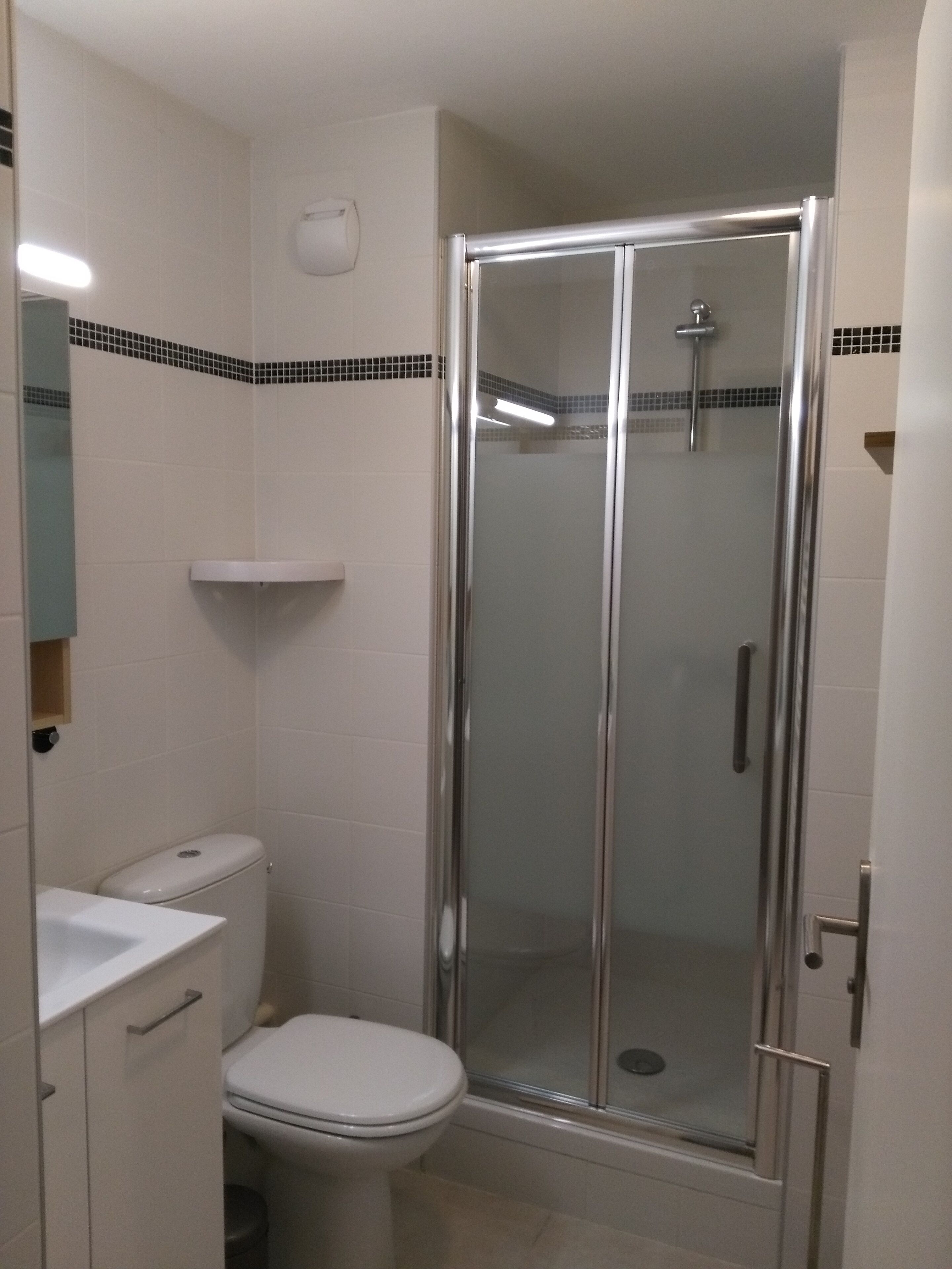 Une salle de bain comprenant des toilettes, un espace douche et un miroir.