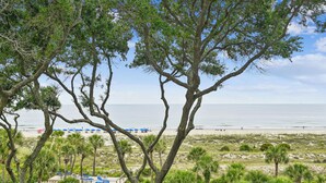 Uitzicht op een strand met palmbomen, een zonneschermgedeelte en een gebouw met een zwembad.