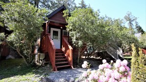 Una baita di legno con veranda e porta, circondata da alberi e cespugli.