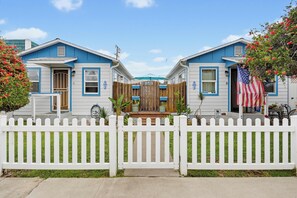 Een rij blauw- en wit geschilderde huizen met een witte schutting ervoor, elk met een klein portaal en een brievenbus.