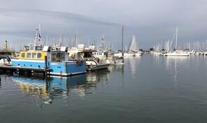 A marina with multiple boats docked, calm water, and a clear sky.