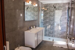 Regadera, secadora de cabello, bidet, toallas 