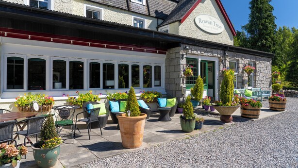 Un hotel de campo con terraza y plantas en macetas.