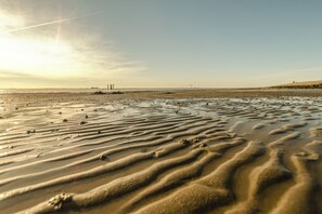 On the beach, sun-loungers