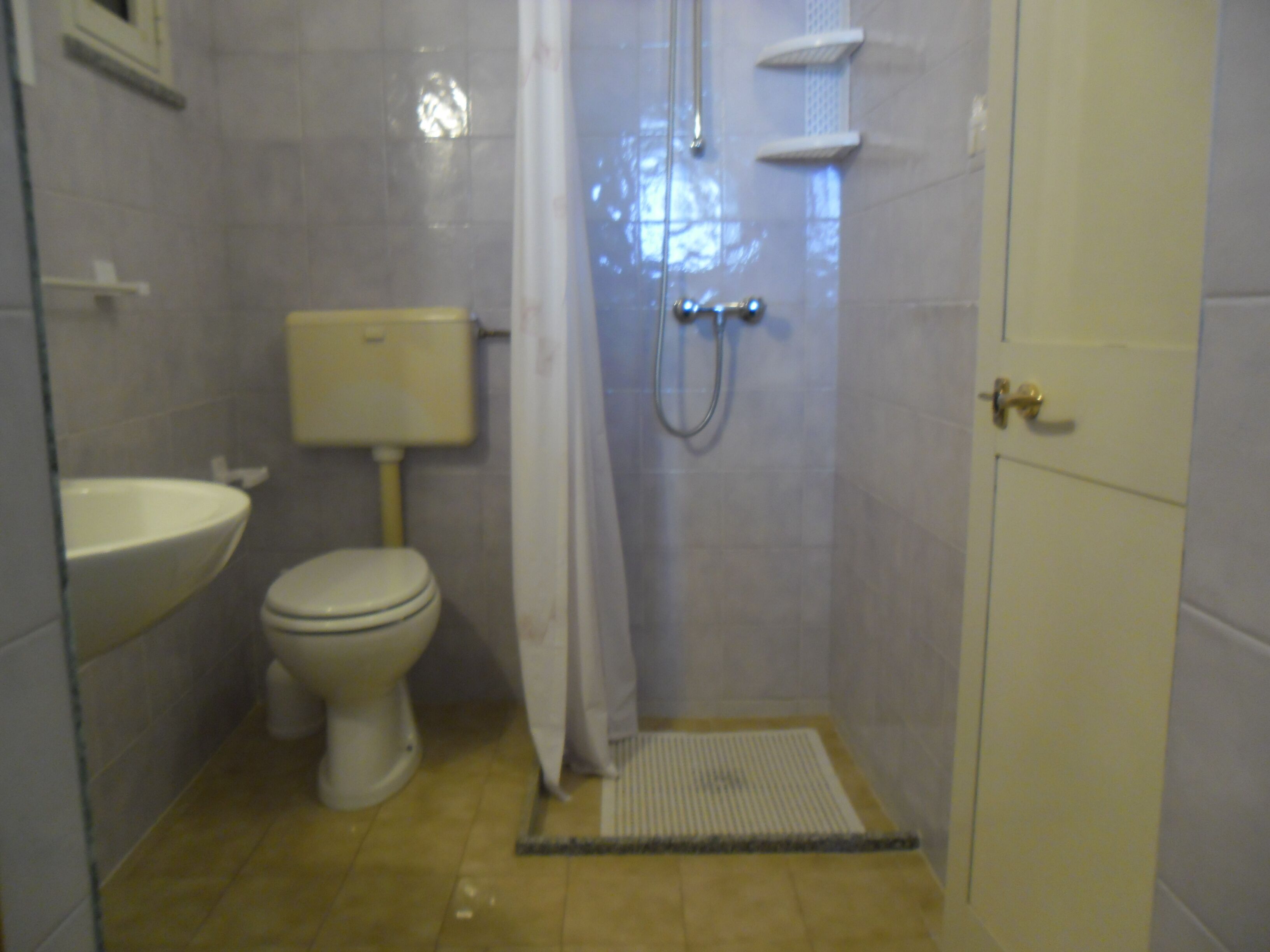 A small bathroom with a toilet, sink, shower, and a door.