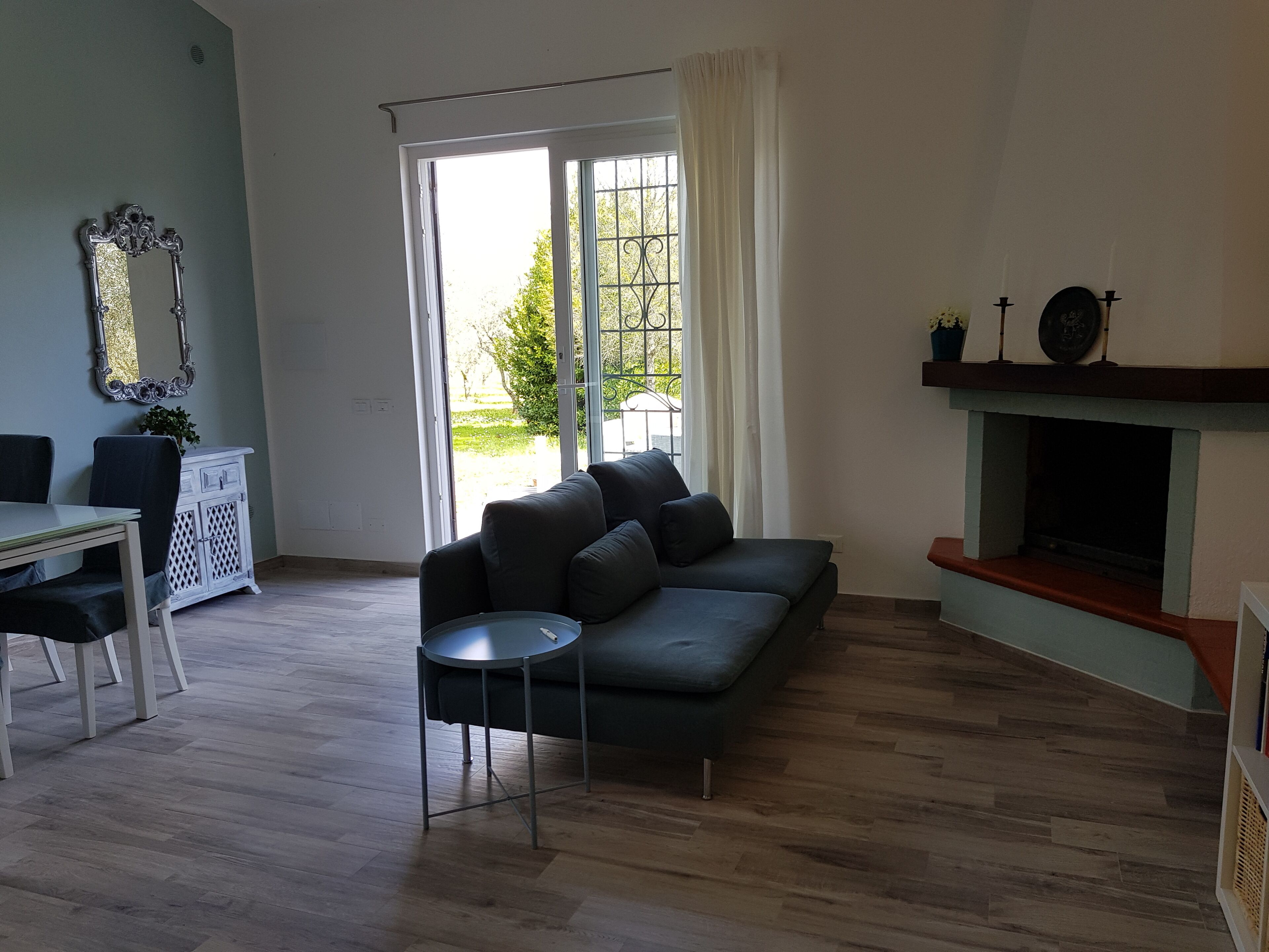 TV, fireplace, books