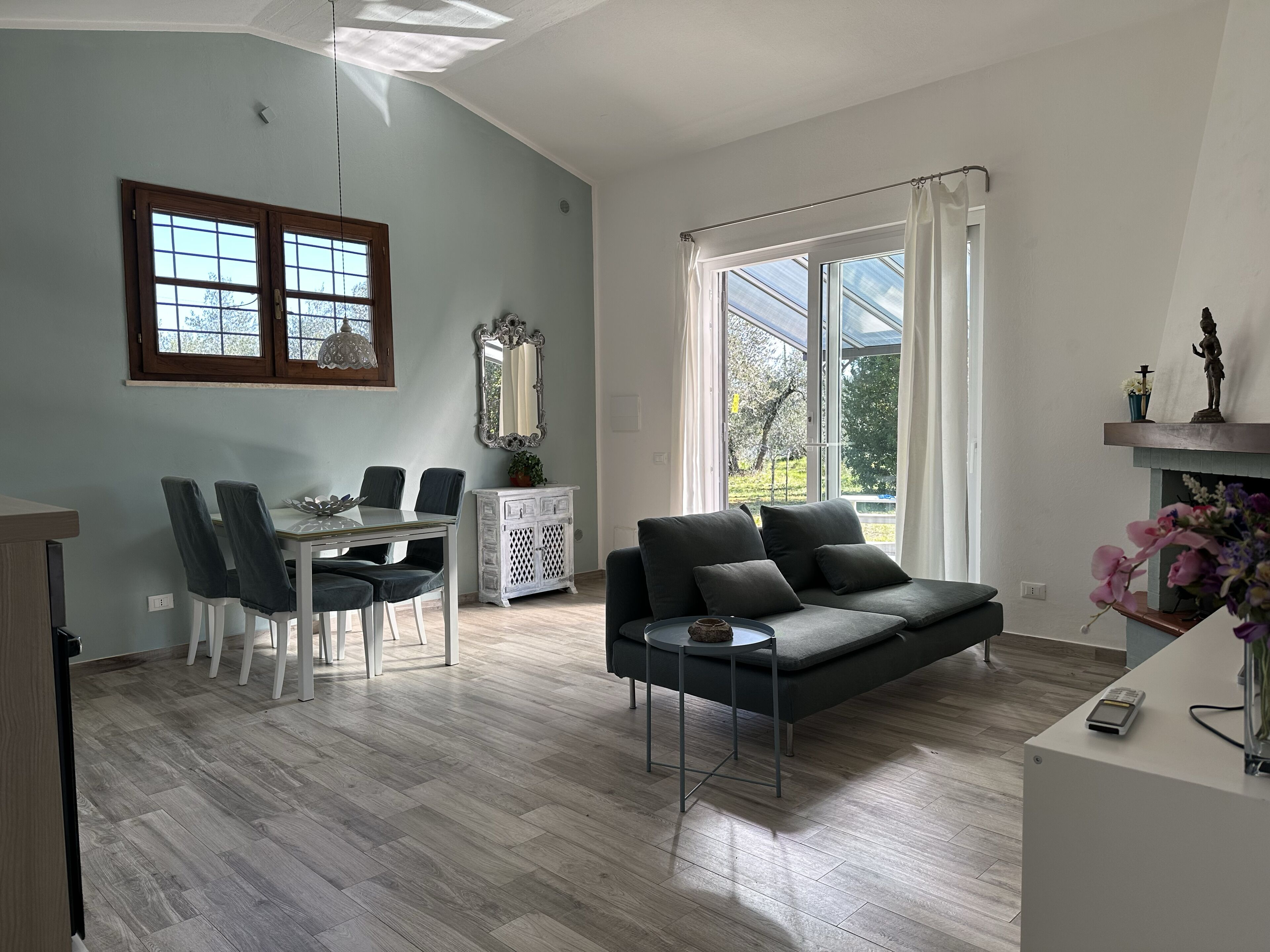 TV, caminetto, libri