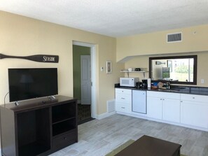 Fridge, microwave, coffee/tea maker, toaster