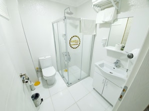 Une salle de bain moderne avec une douche à parois de verre, des toilettes blanches et un lavabo avec un miroir.