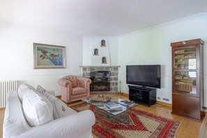 Télévision, cheminée, chaîne hi-fi