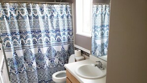 Une salle de bain avec un rideau de douche à motifs, des toilettes, un lavabo et un miroir.